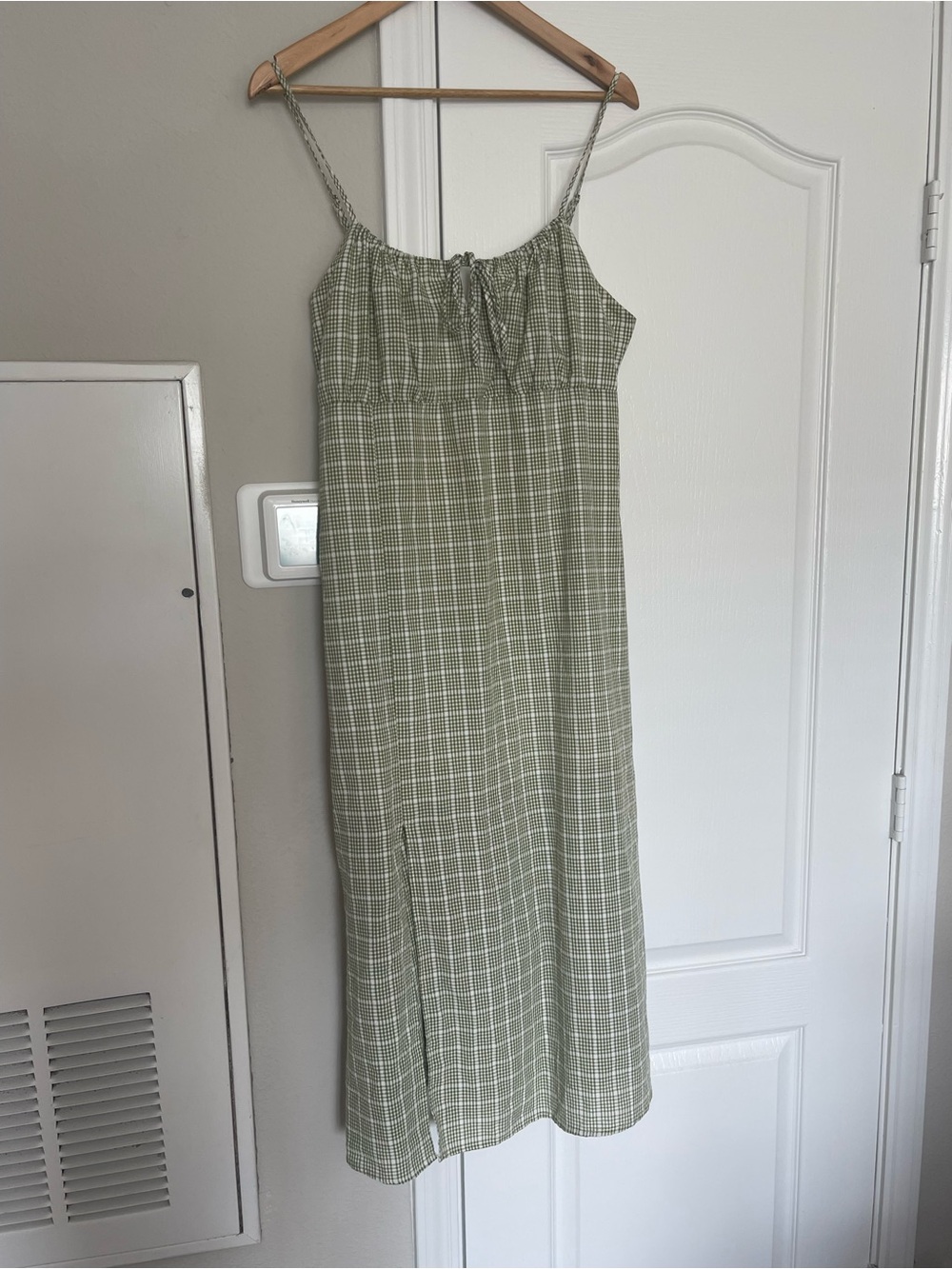 Olive Green Check Spaghetti-Strap Midi Dress